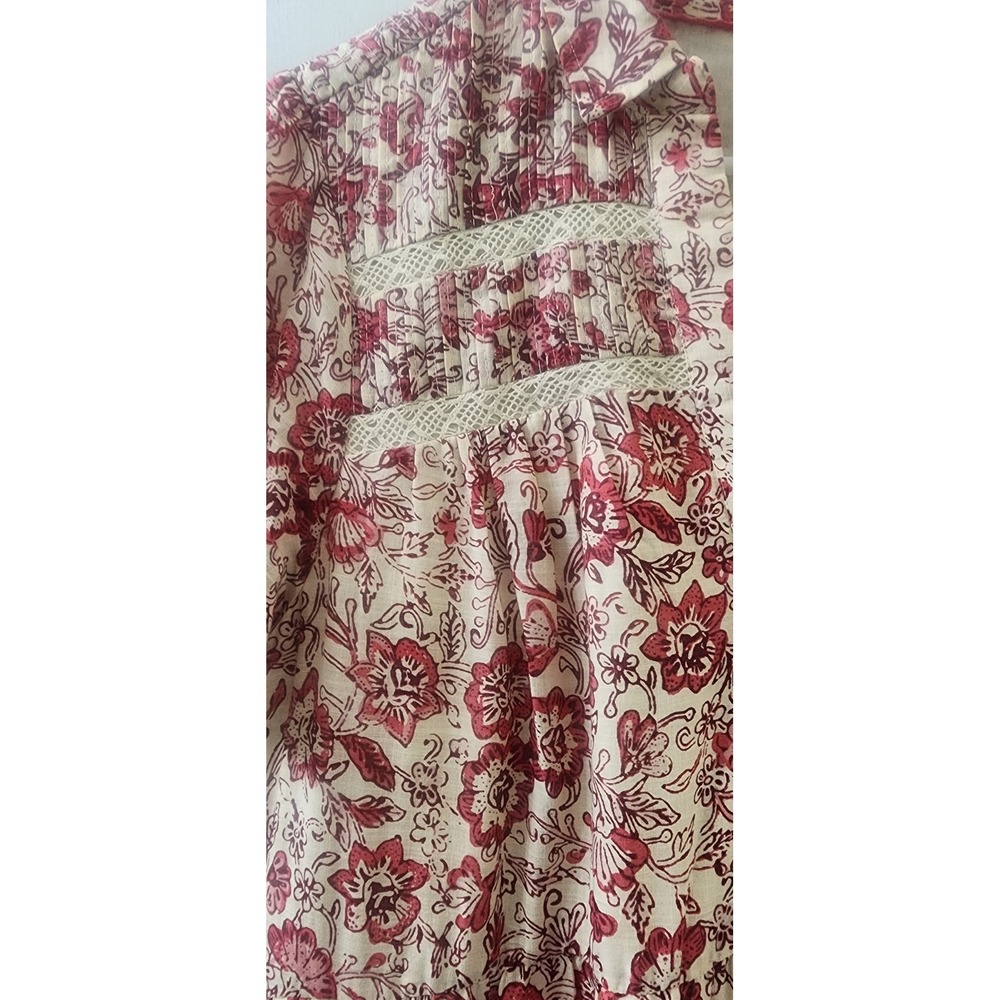Anthropologie Red Floral Tiered Cotton Mini Dress Lace Trim Boho Womens Medium - Picture 6 of 11